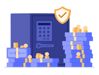 Banking Safety Deposit Box with Stack of Cash Money Bundle and Coins for Money Savings and Financial Security Concept Illustration