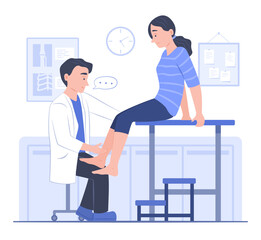 Orthopedics Doctor Examines the Female Patient's Legs to Diagnose Disease in Hospital's Clinic for Healthcare and Health Check-Up Concept Illustration