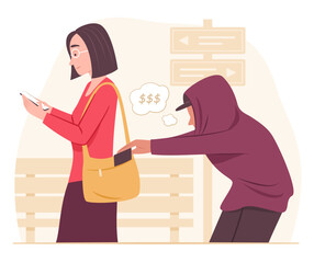 Pickpocket Thief in Hood Trying to Steal a Woman's Wallet from Her Bag while She Using Mobile Phone Outdoors for Social Crime and Illegal Concept Illustration