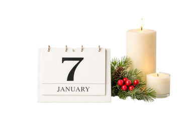 Orthodox christmas day celebrating the seventh of january with candles and festive greenery no background
