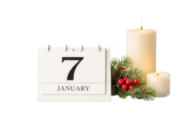 Orthodox christmas day celebrating the seventh of january with candles and festive greenery no background