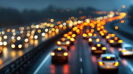 Abstract blurred traffic lights reflecting on a wet highway at night