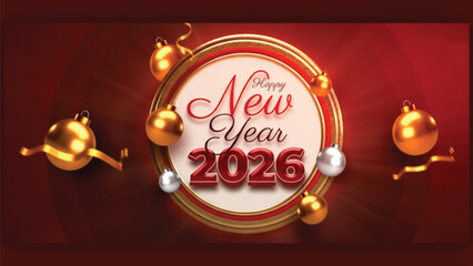 Festive 3d rendering of happy new year 2026 greeting with golden ornaments on a rich red background.