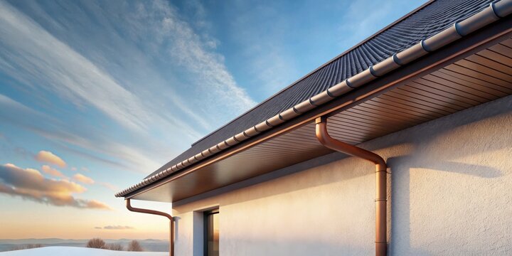 Modern copper gutter system on a residential building with a sloped roof under a serene sunset sky
