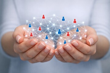 Human hands holding a digital network of interconnected people icons representing global communication and teamwork concept on soft background. Ai generative