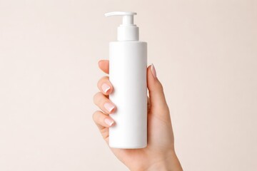 Female hand holding blank cosmetic pump bottle with manicured nails on light background, minimal product branding concept, skincare packaging mockup. Ai generative
