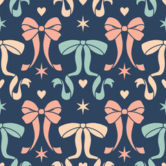 A seamless pattern with pastel bows and hearts on a dark background. Coquettish girly style backdrop. Beautiful contrast graphic for invitations and digital designs.