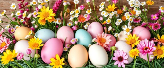 Festive egg display with pastel colors and spring flowers, creating a cheerful ambiance for holiday celebrations,  celebration,  decoration