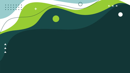 Abstract green fluid wave background with geometric shapes. Modern Memphis wallpaper. Suitable for templates, sale banners, business ads, presentations, websites, and pages
