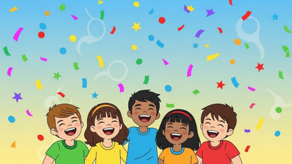 Happy Diverse Kids Celebrating Together with Colorful Confetti in the Air on a Sunny Day with Friends and Joy