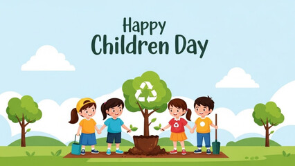 Obraz premium Happy Children Day Cartoon Kids Planting Tree Recycling Symbol Green Nature Environment Friendly Earth Conservation Kids Fun Activities