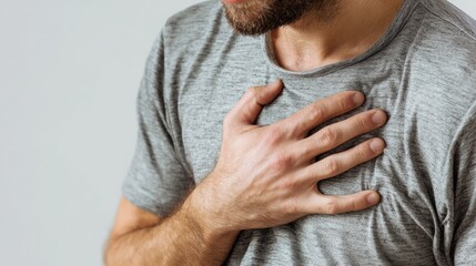 Distressed: Man Experiencing Chest Pain: A man holds his hand to his chest, his facial expression conveying pain and discomfort, likely due to a health issue.