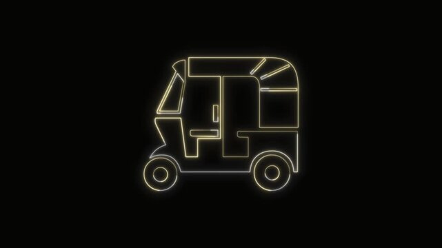 Auto Rickshaw Icon Neon Seamless Loop 4K with Black Background Animated Promotional Typography for Video Editing