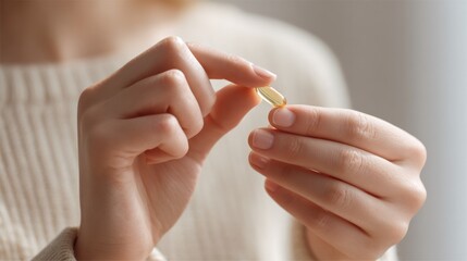 Holding a capsule: a person delicately holds a translucent capsule between their fingers, possibly examining it closely. It speaks of health, wellness, and self-care.