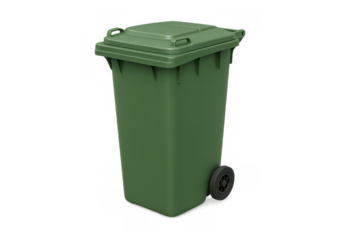 Green plastic wheelie bin for waste disposal, recycling, garbage, and rubbish collection with transparent background