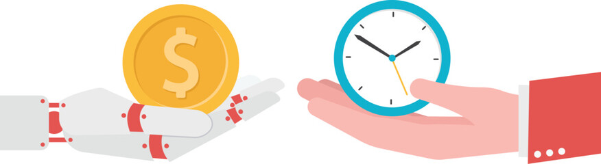 Robot Hand Giving Gold Coin to Human Holding Clock
