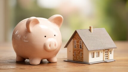 Piggy Bank and a House: An image showing a piggy bank, representing financial savings, standing next to a miniature house, symbolizing the dream of homeownership.