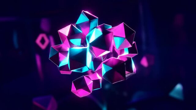 Neon crystal polygon abstract glowing shape cyber light futuristic cluster 3d render digital art polyhedron geometry modern minimal design luminous object science fiction vibrant color diamond energy
