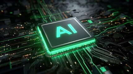 AI Chip: A close-up shot of an AI chip. A symbol of technological innovation and artificial intelligence's potential.