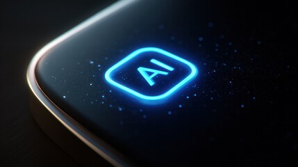 Illuminated AI Button: A close-up shot of a sleek, dark surface features a glowing AI button, symbolizing the cutting edge of artificial intelligence. Its luminescent glow draws the eye.