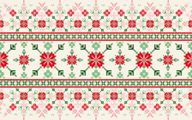 Geometric pixel art pattern. Abstract pixel art geometric ethnic pattern design for fabric, carpet, tile, rug, clothing, embroidery, needlepoint and background. Vector pixel art seamless motif ethnic