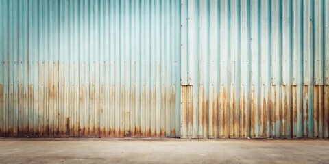 Rustic corrugated metal wall with faded teal paint and rusty brown patina, standing tall against a flat, neutral ground.