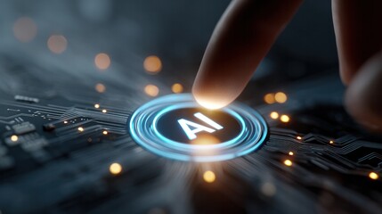 Navigating the Future: A digital finger interacts with a futuristic AI interface, symbolizing the exploration of artificial intelligence, innovation, and technological advancement.