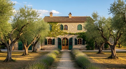 Elegant Stone Villa with Olive Trees and Pathway under Blue Sky.