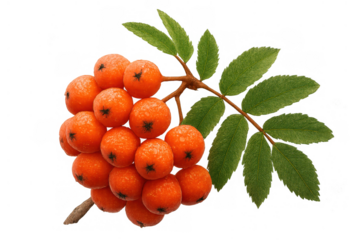 Rowan berries cluster with green leaves on a branch, vibrant orange autumn fruit harvest, isolated transparent background
