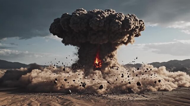 Apocalyptic Blast: A nuclear mushroom cloud billows into the sky, representing destruction over the barren desert, captured with dramatic detail and symbolic weight.