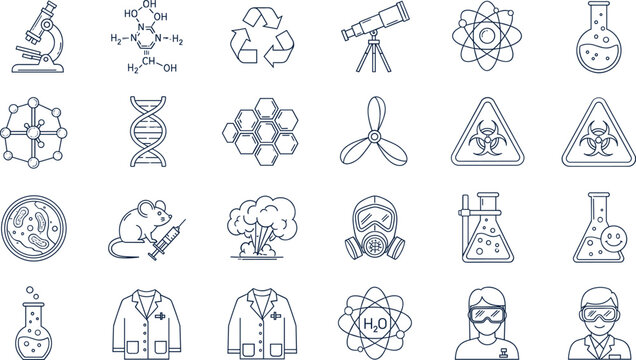 Science and biology laboratory research icon set with microscope DNA strand lab coat scientist character and chemical formulas