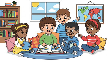Diverse Group of Children Reading and Learning Together in a Colorful Classroom Setting with Books and a World Map
