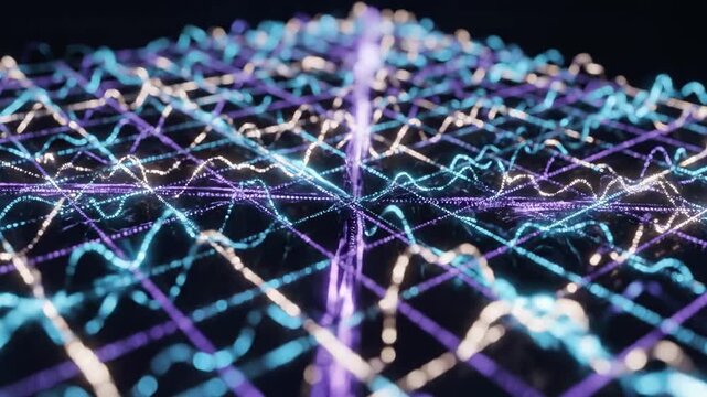 A colorful network of glowing lines and nodes forming a complex web-like structure against a dark background