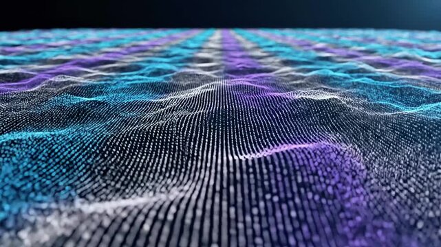 A digital landscape of vibrant, wavy patterns in shades of purple, blue, and white, resembling a futuristic terrain or data visualization