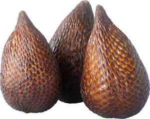 Group of Three Whole Salak Fruits Tightly Arranged Isolated in Transparent Background