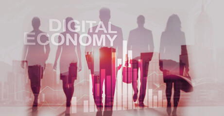 Digital economy concept with futuristic technology interface and data flow visualization