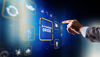 A businessman interacts with a glowing AI icon on a futuristic digital interface dashboard