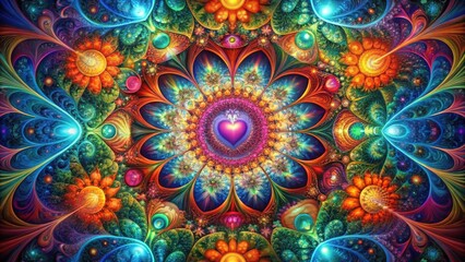 Fototapeta premium Vibrant Floral Mandala with Glowing Heart Center, Rich Jewel Tones, Intricate Design, Symmetrical Pattern, Psychedelic Art