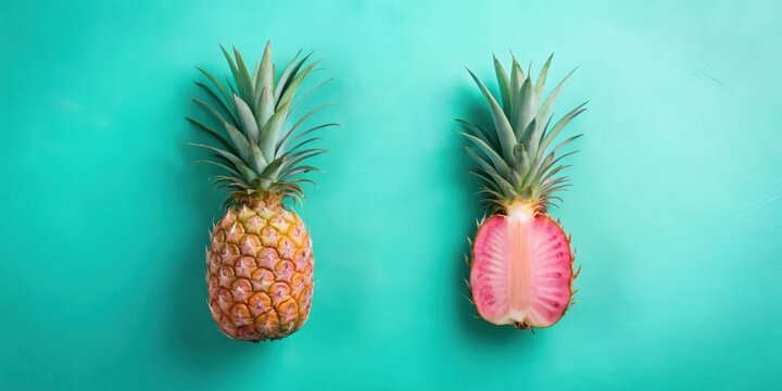 Vibrant tropical fruit arrangement showcasing a whole pineapple and a halved pink pineapple against a teal backdrop