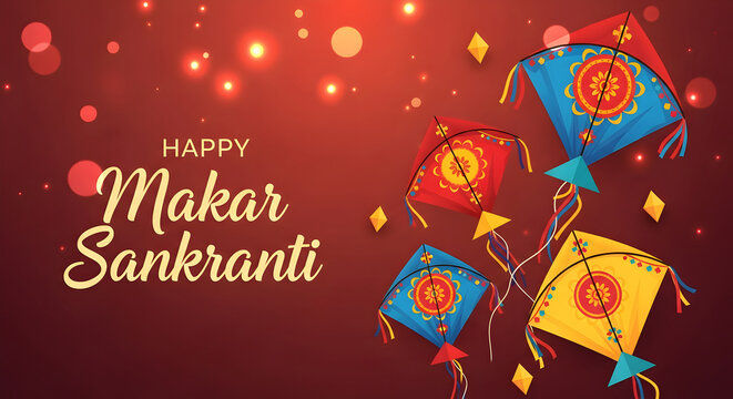 Happy makar sankranti greeting card with colorful kites flying on dark purple background