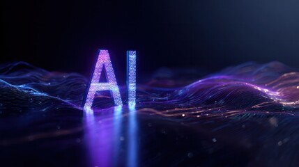 AI digital concept: The letters AI glow with an ethereal luminescence above a digital landscape.