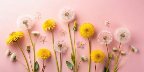 Floral arrangement of delicate dandelion clocks and vibrant yellow flowers on a soft pink background, showcasing the beauty of nature's subtle and bold elements in a harmonious composition.