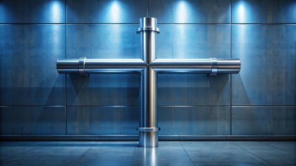 Metallic Cross Structure in Industrial Setting with Blue Lighting