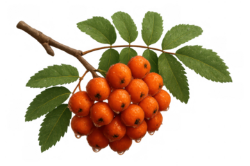 Rowan berries branch with green leaves and water drops isolated on a transparent alpha background