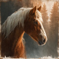 Obraz premium Elegant brown horse with white mane standing in a warm, ethereal forest light