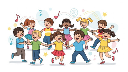 Fototapeta premium Happy Children Dancing Together Singing Joyful Music Friendship Harmony