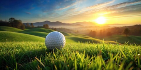 A golf ball rests on a verdant putting green, bathed in the warm glow of a breathtaking sunrise over rolling hills.