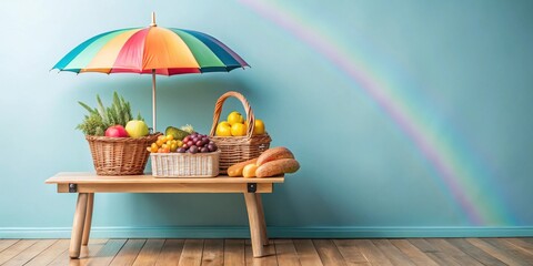 Rainbow-hued umbrella shelters colorful fruit and vegetable baskets on a wooden bench against a tranquil teal wall.