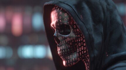 Cybernetic Grim Reaper: A hooded figure with a metallic skull, its surface interwoven with binary code, casts a haunting gaze, hinting at the fusion of technology and mortality.