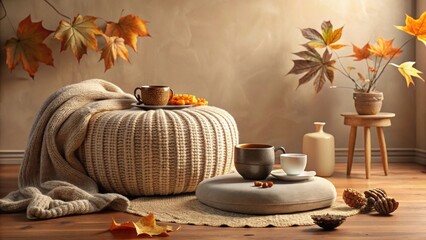 Cozy Autumn Afternoon Warm Beverages, Knitted Textures, and Fallen Leaves Create a Serene and Inviting Atmosphere